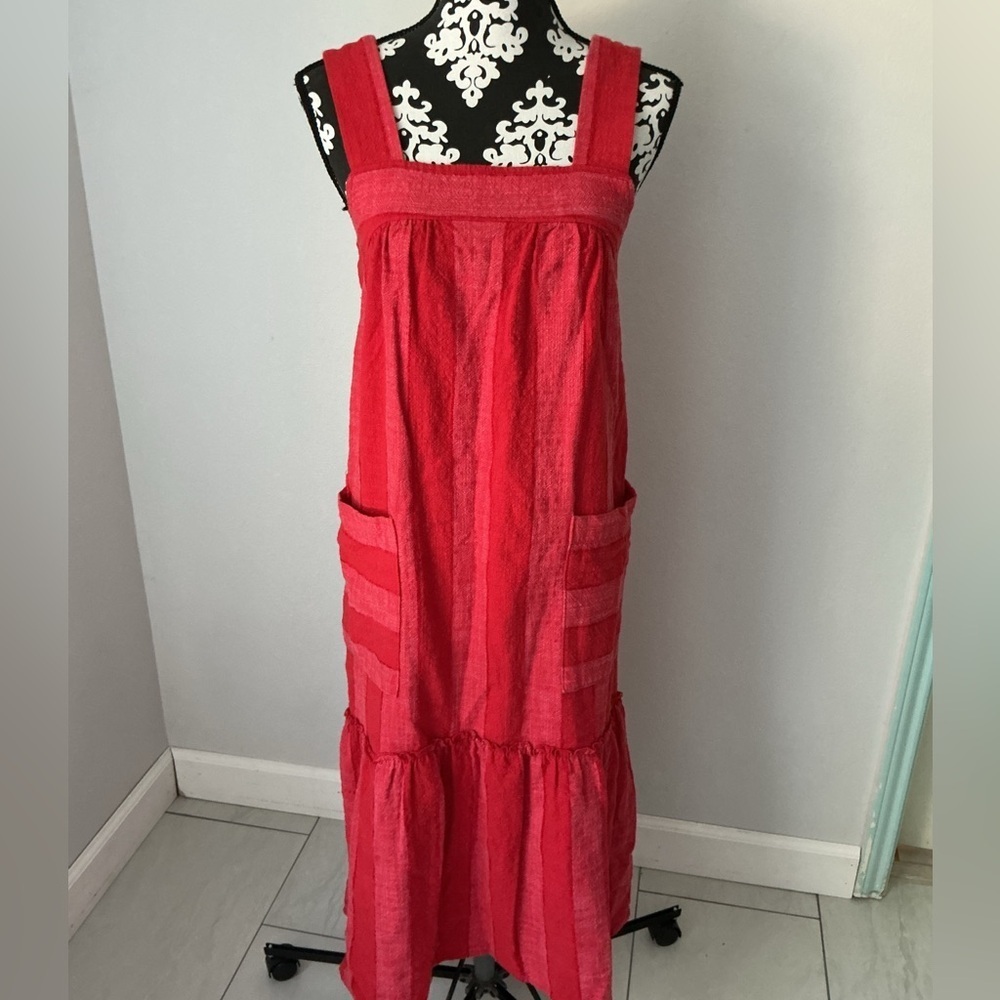Anthropologie Maeve Women’s Dress Size Large Tonal Stripe Red Midi Paper bag SzS - Picture 3 of 14